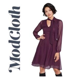 ModCloth Apogee of Elegance Swiss Dot Tie-Neck Long Sleeve Dress